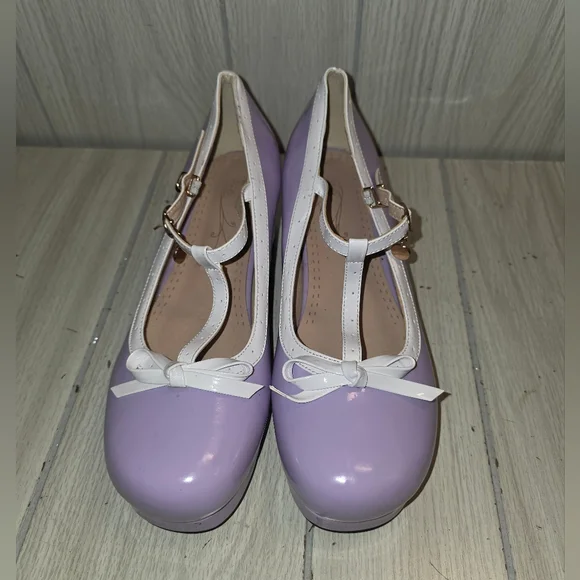 Jingpin Womens Lavender Pin Up Girl Mary Jane Shoes Block Heel Bow Pearl Charm - Picture 2 of 10